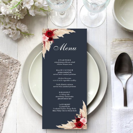 Boho Burgundy Rozen en Pampas Grass Menu