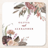 Boho Burgundy Rozen herfst florale bruiloft Kartonnen Onderzetters (Voorkant)