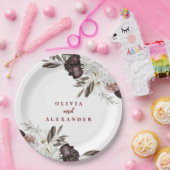 Boho Burgundy Rozen herfst florale bruiloft Label Papieren Bordje (Feest)