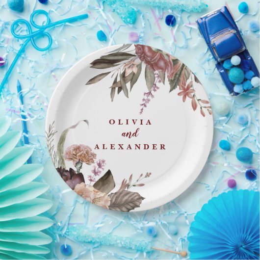 Boho Burgundy Rozen herfst florale bruiloft Papieren Bordje (Feest)