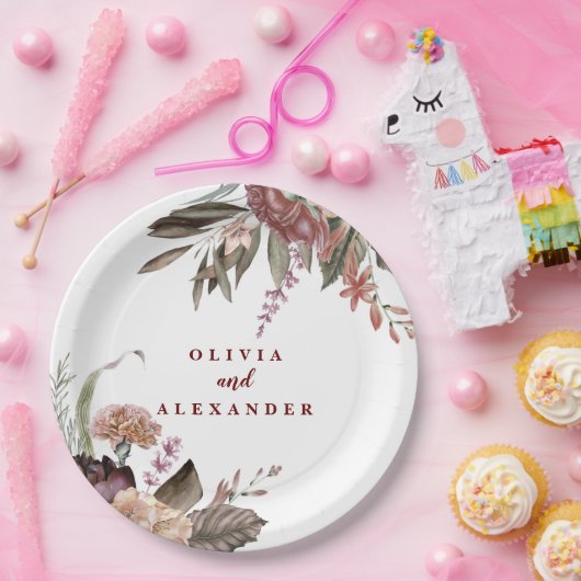 Boho Burgundy Rozen herfst florale bruiloft Papieren Bordje (Feest)