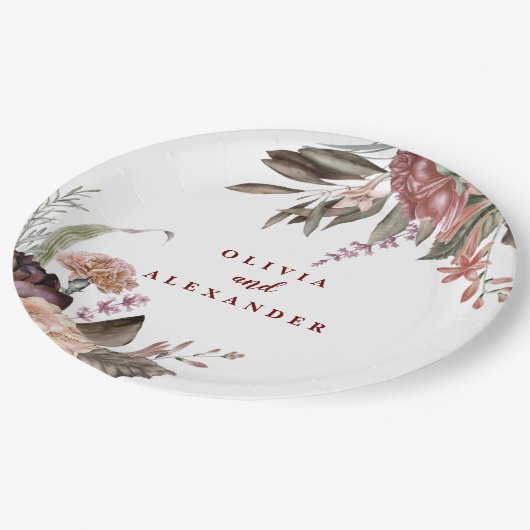 Boho Burgundy Rozen herfst florale bruiloft Papieren Bordje (Gekanteld)