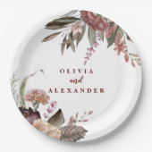 Boho Burgundy Rozen herfst florale bruiloft Papieren Bordje (Voorkant)