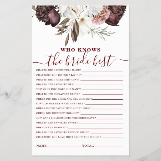 Boho Burgundy Rozen herfst Vrijgezellenfeest Game Flyer (Voorkant)