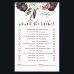 Boho Burgundy Rozen herfst Vrijgezellenfeest Game  Flyer<br><div class="desc">Wie kent de Bride beste Bridal,  "Zou ze het liever doen",  een douchegame. Herfst boho burgundy rozen ontwerpen.</div>