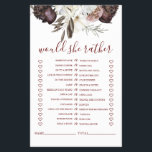 Boho Burgundy Rozen herfst Vrijgezellenfeest Game  Flyer<br><div class="desc">Wie kent de Bride beste Bridal,  "Zou ze het liever doen",  een douchegame. Herfst boho burgundy rozen ontwerpen.</div>