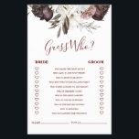 Boho Burgundy Rozen herfst Vrijgezellenfeest Game  Flyer<br><div class="desc">Wie kent de beste Bridal van de Bride? "douchespel. Herfst boho burgundy rozen ontwerpen.</div>