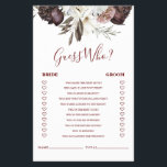 Boho Burgundy Rozen herfst Vrijgezellenfeest Game  Flyer<br><div class="desc">Wie kent de beste Bridal van de Bride? "douchespel. Herfst boho burgundy rozen ontwerpen.</div>