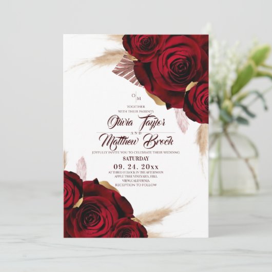 Boho Burgundy Rozen Pampas Gras Bruiloft Kaart (Staand voorkant)