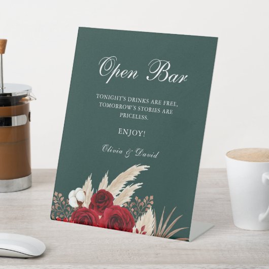 Boho Burgundy Rozen Pampas Grass Open Bar Reclamebord Met Voetstuk (Insitu)