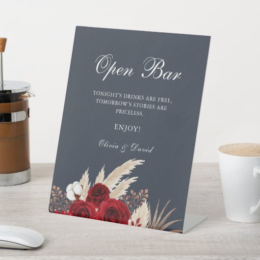 Boho Burgundy Rozen Pampas Grass Open Bar Reclamebord Met Voetstuk (Insitu)