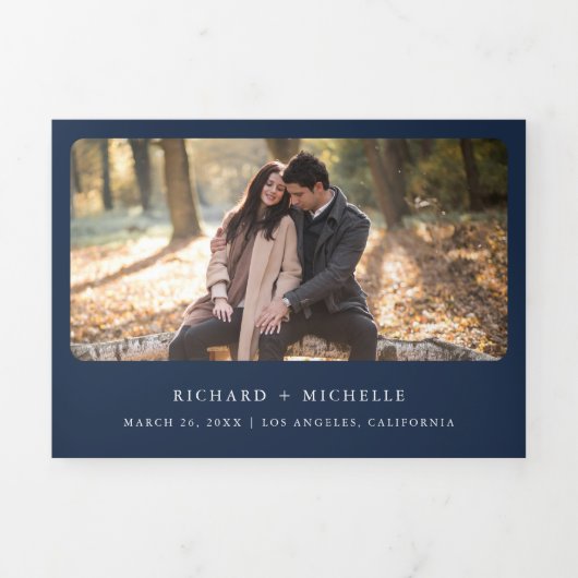 Boho Burgundy Rozen Sunflower Navy QR Code Weddens Drieluik Uitnodiging (Cover)