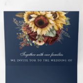 Boho Burgundy Rozen Sunflower Navy QR Code Weddens Drieluik Uitnodiging (Binnenzijde eerst)