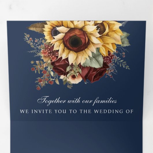 Boho Burgundy Rozen Sunflower Navy QR Code Weddens Drieluik Uitnodiging (Binnenzijde eerst)
