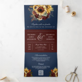 Boho Burgundy Rozen Sunflower Navy QR Code Weddens Drieluik Uitnodiging (Binnen)