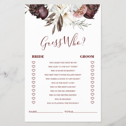 Boho Burgundy Rozen val Bruidsdouche Spel Flyer (Voorkant)