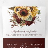 Boho Burgundy Rozen Zonnebloemen QR Code Trouwen Drieluik Uitnodiging (Binnenzijde eerst)