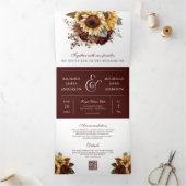 Boho Burgundy Rozen Zonnebloemen QR Code Trouwen Drieluik Uitnodiging (Binnen)