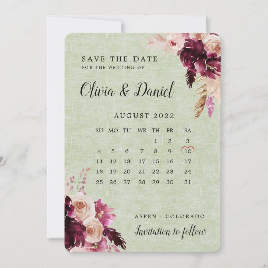 Boho Burgundy Sage Green Agenda Save the Date Kaart (Voorkant)