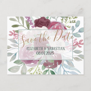 Boho Burgundy & Stofblauw Bloemige Save The Date Aankondigingskaart
