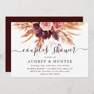 Boho Burgundy Terracotta Floral Couples Shower Kaart