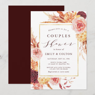 Boho Burgundy Terracotta Floral Couples Shower Kaart