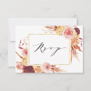 Boho Burgundy Terracotta Floral Gold Lijst Wedding RSVP Kaartje