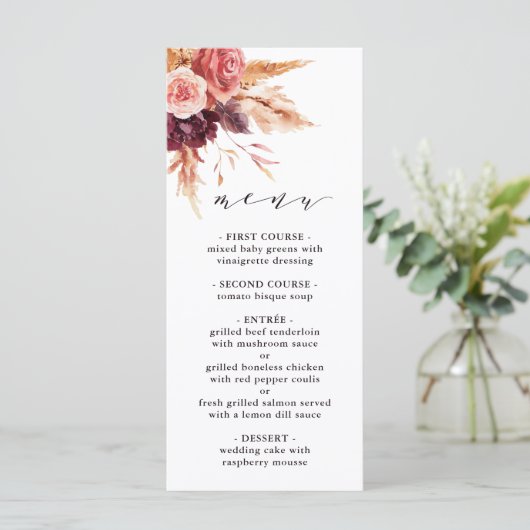 Boho Burgundy Terracotta Floral Wedding Menu (Staand voorkant)