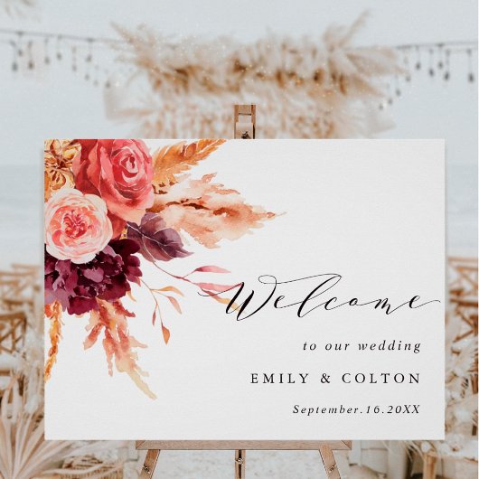 Boho Burgundy Terracotta Floral Wedding Welkom Poster