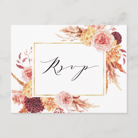 Boho Burgundy Terracotta Flowers Wedding RSVP Briefkaart (Voorkant)