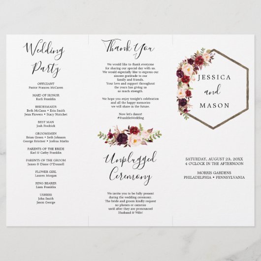 Boho Burgundy Tri-Fold Wedding Programme Flyer (Voorkant)
