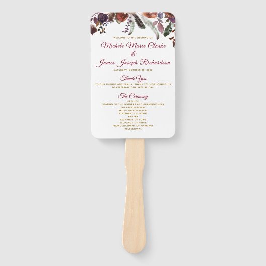 Boho Burgundy Waterverf Floral Wedding Programme Handwaaier (Voorkant)