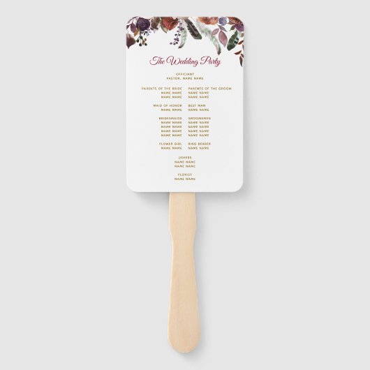 Boho Burgundy Waterverf Floral Wedding Programme Handwaaier (Achterkant)