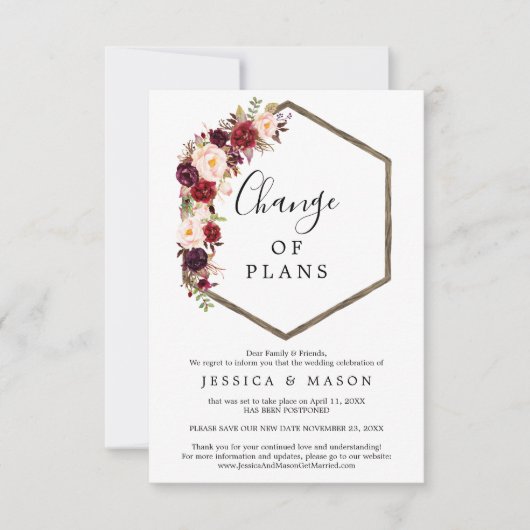 Boho Burgundy Wedding Postponed Notice Kaart (Voorkant)