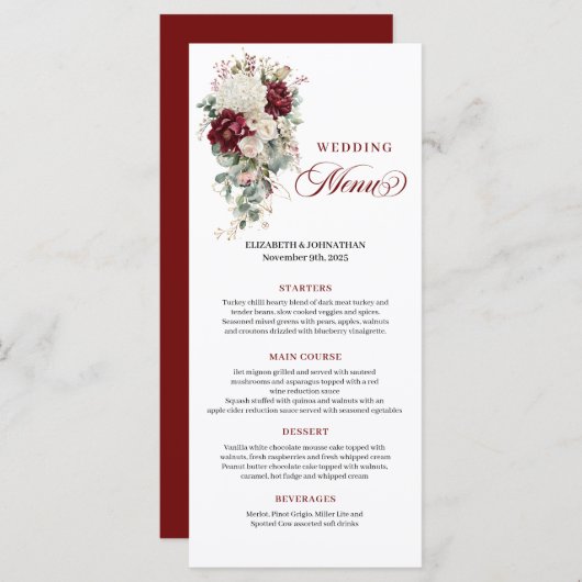 Boho Burgundy White Floral Wedding Menu Card (Voorkant / Achterkant)