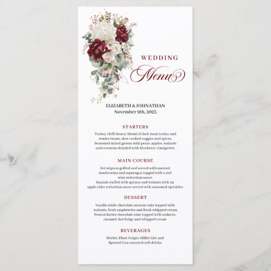Boho Burgundy White Floral Wedding Menu Card (Voorkant)