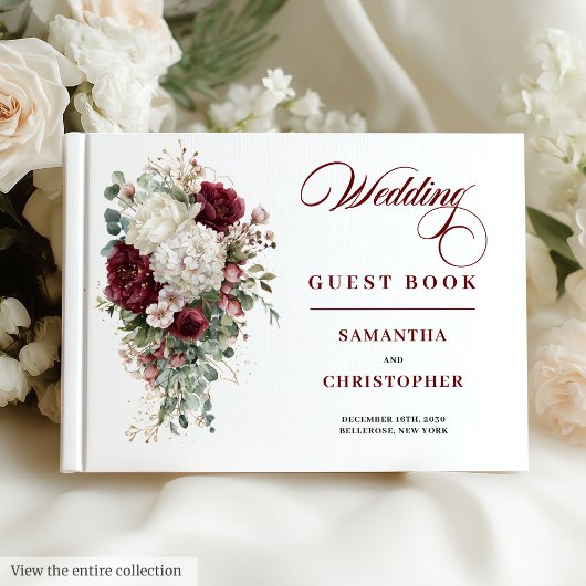 Boho burgundy white gold roses wedding guest book gastenboek