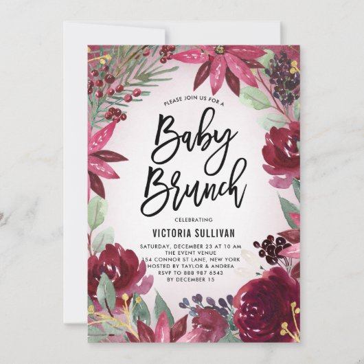 Boho Burgundy Winter Floral Baby shower Brunch Kaart (Voorkant)