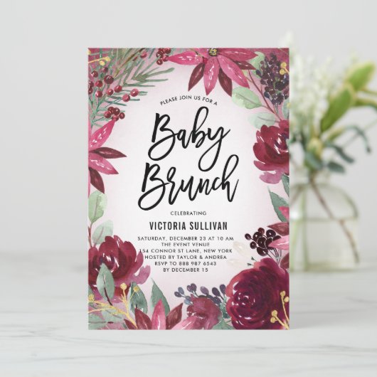 Boho Burgundy Winter Floral Baby shower Brunch Kaart (Staand voorkant)