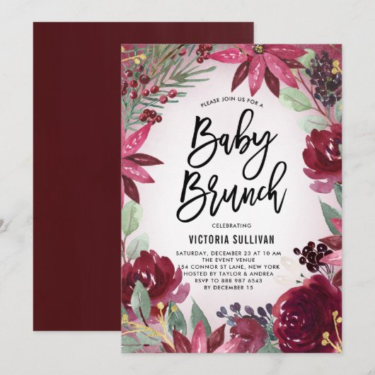 Boho Burgundy Winter Floral Baby shower Brunch Kaart (Voorkant / Achterkant)