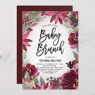 Boho Burgundy Winter Floral Baby shower Brunch Kaart