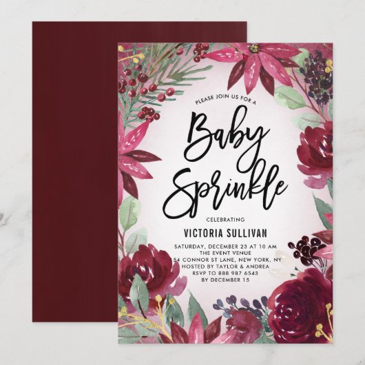 Boho Burgundy Winter Floral Baby shower Sprinkle Kaart (Voorkant / Achterkant)