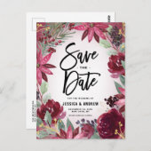 Boho Burgundy Winter Floral Lijst Save the Date Briefkaart (Voorkant / Achterkant)