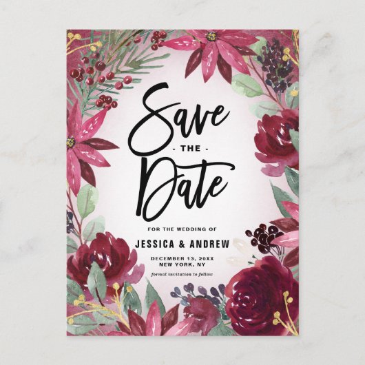 Boho Burgundy Winter Floral Lijst Save the Date Briefkaart (Voorkant)