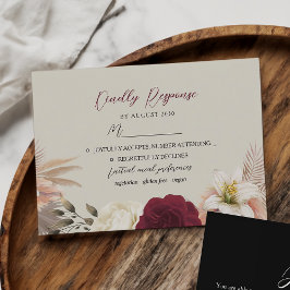 Boho Burgundy Zwarte Bloemige Bruiloft RSVP Kaartje