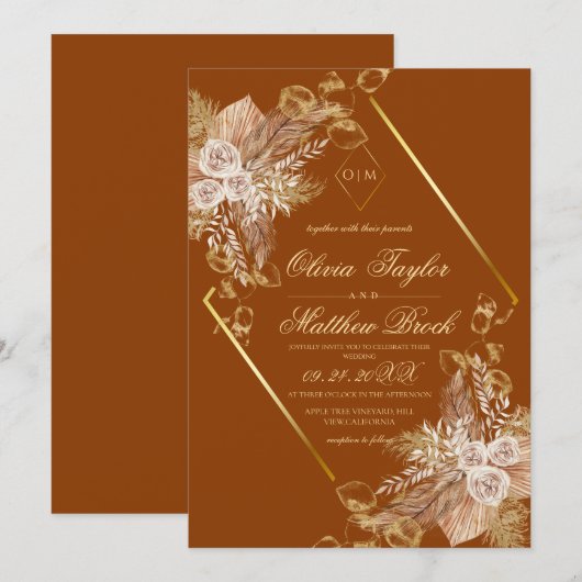 Boho Burn Orange Diamond Gold Wedding Kaart (Voorkant / Achterkant)