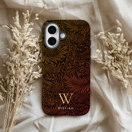 Boho Burnt Orange Floral Gold Monogram Name iPhone 16 Hoesje