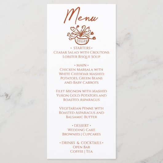 Boho Burnt Orange Hand Drawn Floral Wedding Menu (Voorkant)