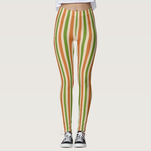 Boho Burnt Orange Sage Green Retro Striped Leggings (Voorkant)