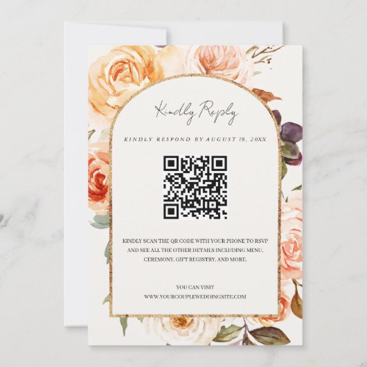 Boho Burnt Oranje Floral Arch QR Code RSVP Weddens Kaart (Achterkant)